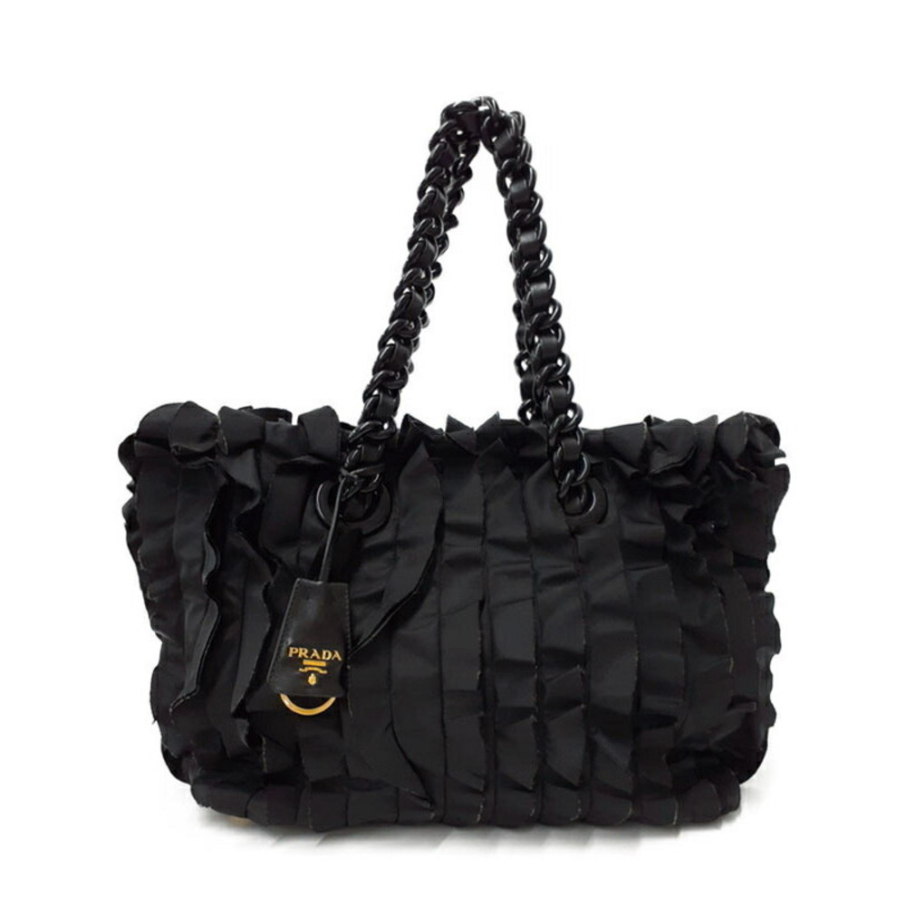 Prada Tessuto Ruffle Chain Tote Bag black ruffled body Shoulder Bag